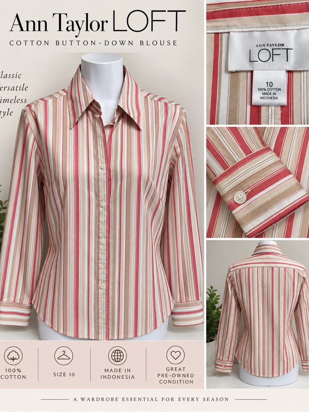 LOFT Striped Button-Down Shirt in Red and Cream with Tan Accents